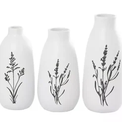 Kirklands Home White Ceramic Botanical Print Vases, Set of 3