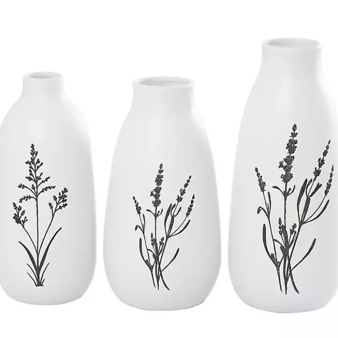 Kirklands Home White Ceramic Botanical Print Vases, Set of 3