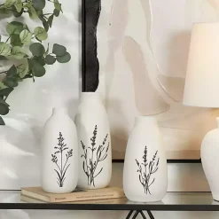 Kirklands Home White Ceramic Botanical Print Vases, Set of 3
