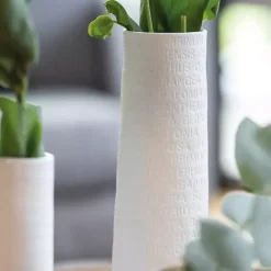 Kirklands Home Ceramic Flower Names Embossed Vase, 12 in. White