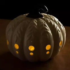 Best Kirklands Home Ceramic Leaf Pre-Lit Pumpkin Lantern White