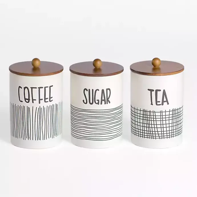 Sale Kirklands Home White Ceramic Modern Lines Canisters, Set of 3