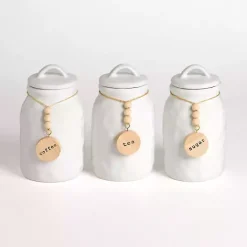 Kirklands Home Ceramic Wood Bead Canisters, Set of 3 White