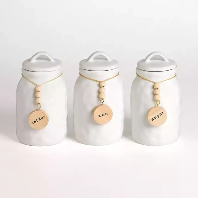 Kirklands Home Ceramic Wood Bead Canisters, Set of 3 White