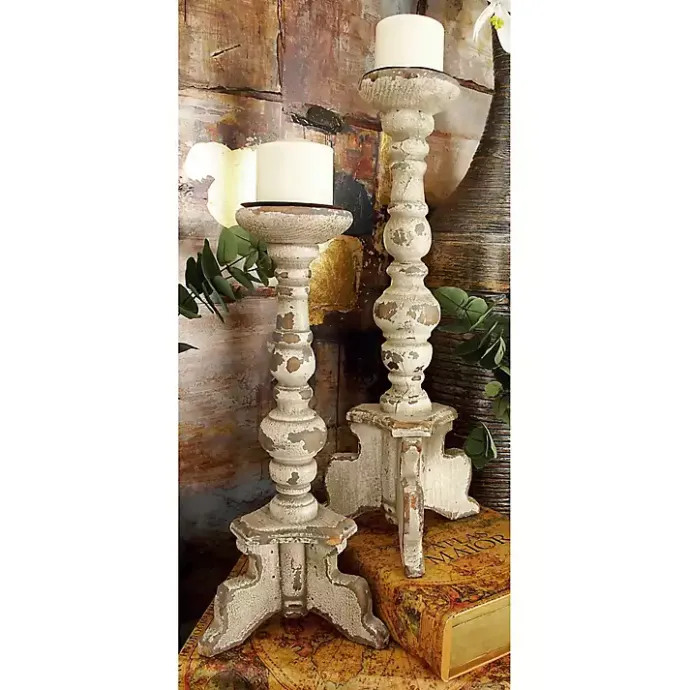 Hot Kirklands Home Chipped Wood Pillar Candle Holders, Set of 2 White
