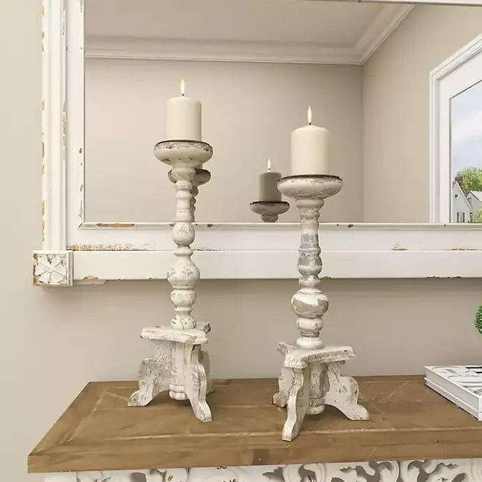 Hot Kirklands Home Chipped Wood Pillar Candle Holders, Set of 2 White