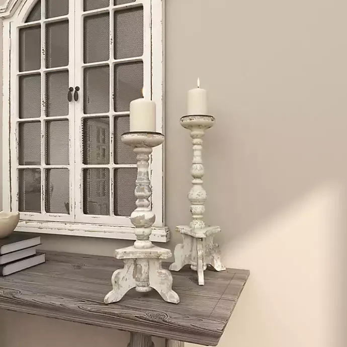 Hot Kirklands Home Chipped Wood Pillar Candle Holders, Set of 2 White