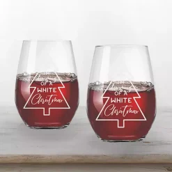 Outlet Kirklands Home White Christmas Stemless Wine Glasses, Set of 2 Clear