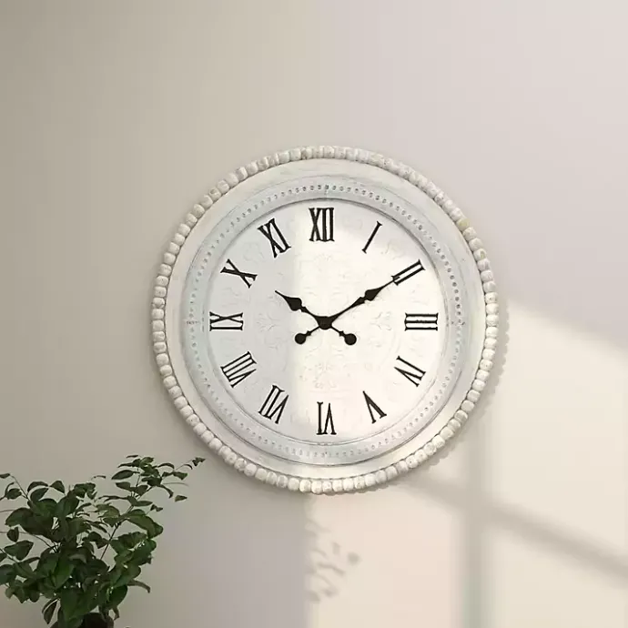 Outlet Kirklands Home White Distressed Wood Round Beaded Wall Clock