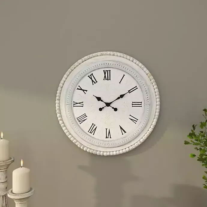 Outlet Kirklands Home White Distressed Wood Round Beaded Wall Clock