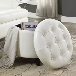 Discount Kirklands Home Faux Leather Eliza Round Storage Ottoman White