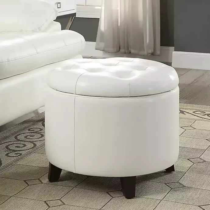 Discount Kirklands Home Faux Leather Eliza Round Storage Ottoman White