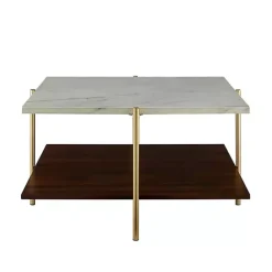 Outlet Kirklands Home White Faux Marble and Brown Wood Coffee Table