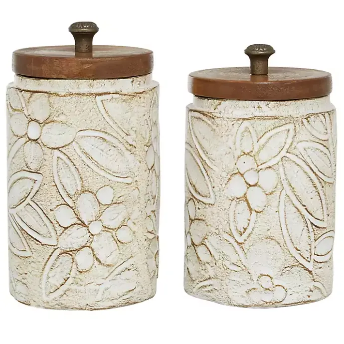 Sale Kirklands Home Floral Jars with Wood Lids, Set of 2 White