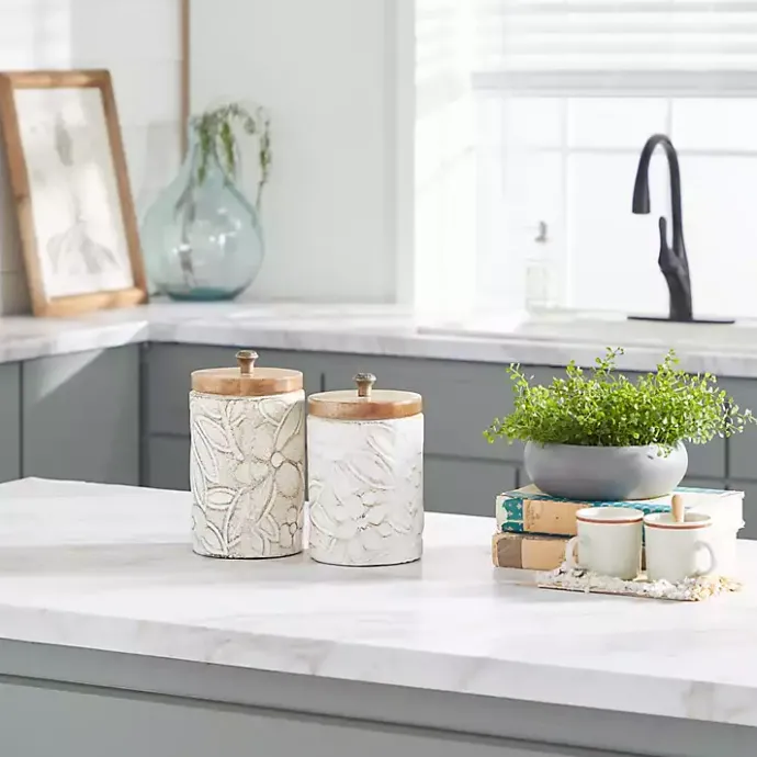 Sale Kirklands Home Floral Jars with Wood Lids, Set of 2 White