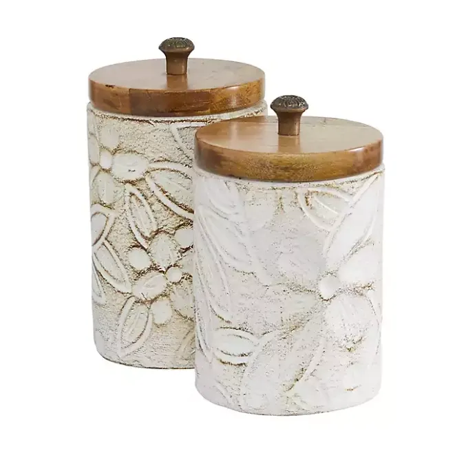 Sale Kirklands Home Floral Jars with Wood Lids, Set of 2 White