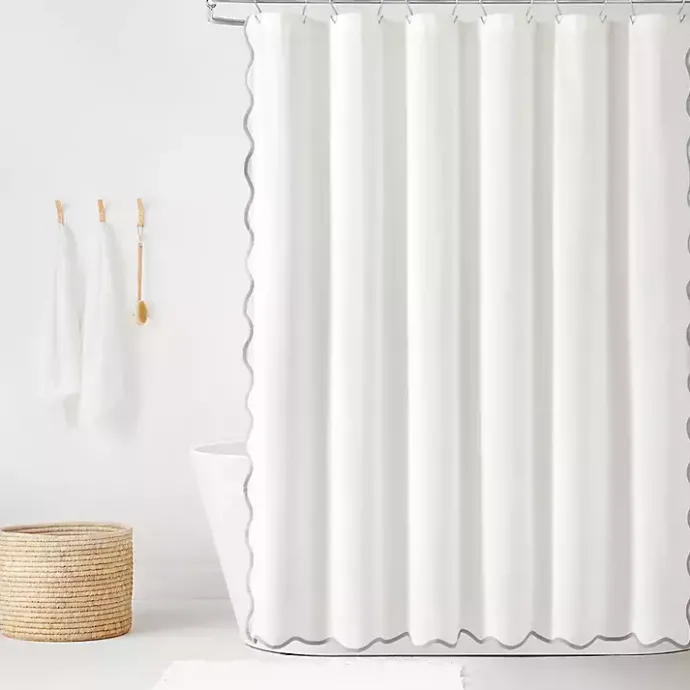 New Kirklands Home White Gray Scalloped Coastal Shower Curtain