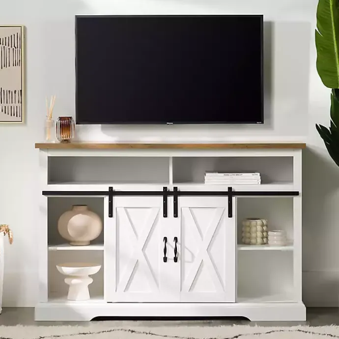 New Kirklands Home Highboy Sliding Barn Door Media Cabinet White