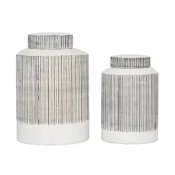 Best Kirklands Home White Lined Ceramic Jars, Set of 2