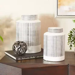 Best Kirklands Home White Lined Ceramic Jars, Set of 2