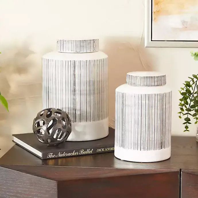 Best Kirklands Home White Lined Ceramic Jars, Set of 2