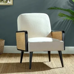 New Kirklands Home White Linen and Rattan Accent Chair Ivory