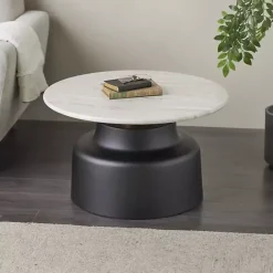 Hot Kirklands Home Marble & Black Metal Pedestal Coffee Table White