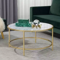 Kirklands Home White Marble & Metal Round Coffee Table Gold