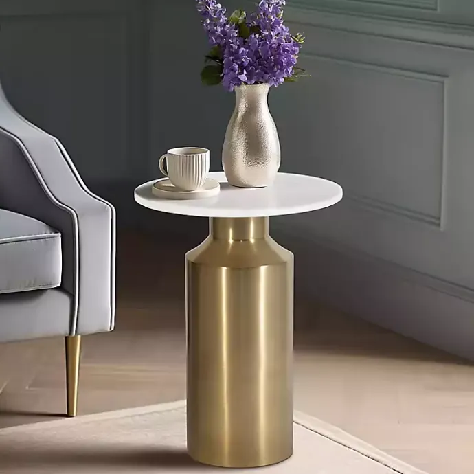 Outlet Kirklands Home Marble and Gold Cylinder Accent Table White