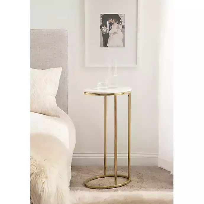 Clearance Kirklands Home Marble and Gold Oval C-Shape Accent Table White