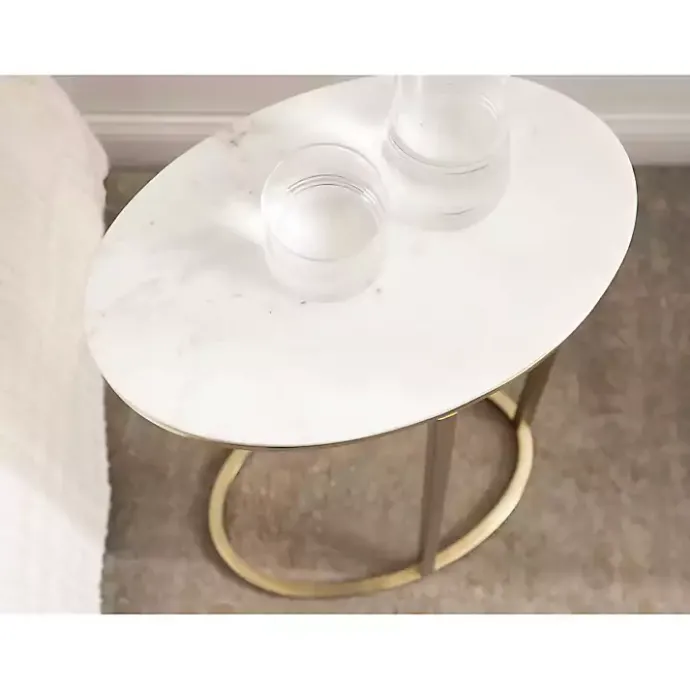 Clearance Kirklands Home Marble and Gold Oval C-Shape Accent Table White