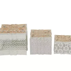 Discount Kirklands Home White Metal and Carved Wood Boxes, Set of 3