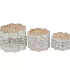 New Kirklands Home Metal Floral Carved Boxes, Set of 3 White