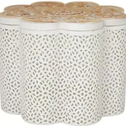 New Kirklands Home Metal Floral Carved Boxes, Set of 3 White