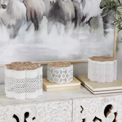 New Kirklands Home Metal Floral Carved Boxes, Set of 3 White