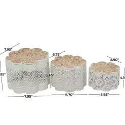 New Kirklands Home Metal Floral Carved Boxes, Set of 3 White