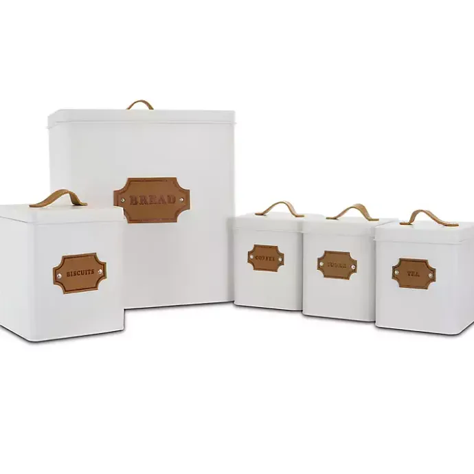 Hot Kirklands Home Metal Square Label Badge Canisters, Set of 5 White