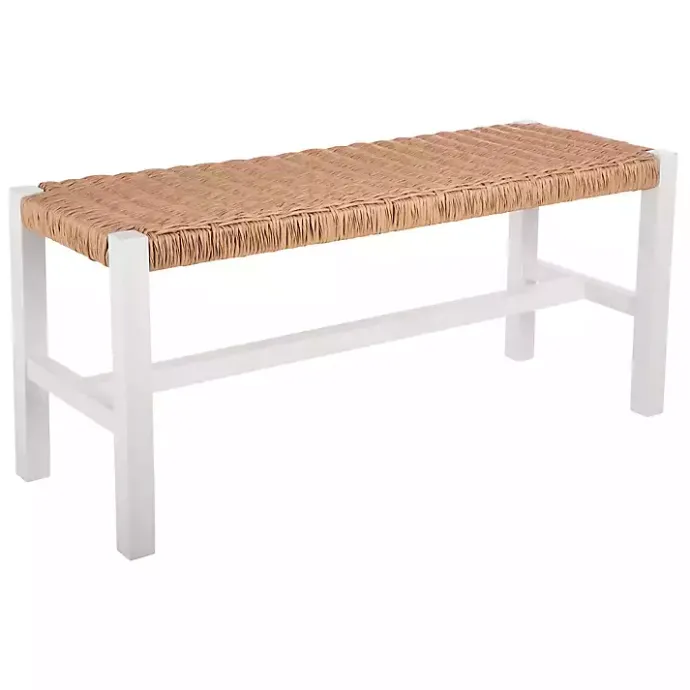 Sale Kirklands Home White Newport Wood and Rattan Bench Brown