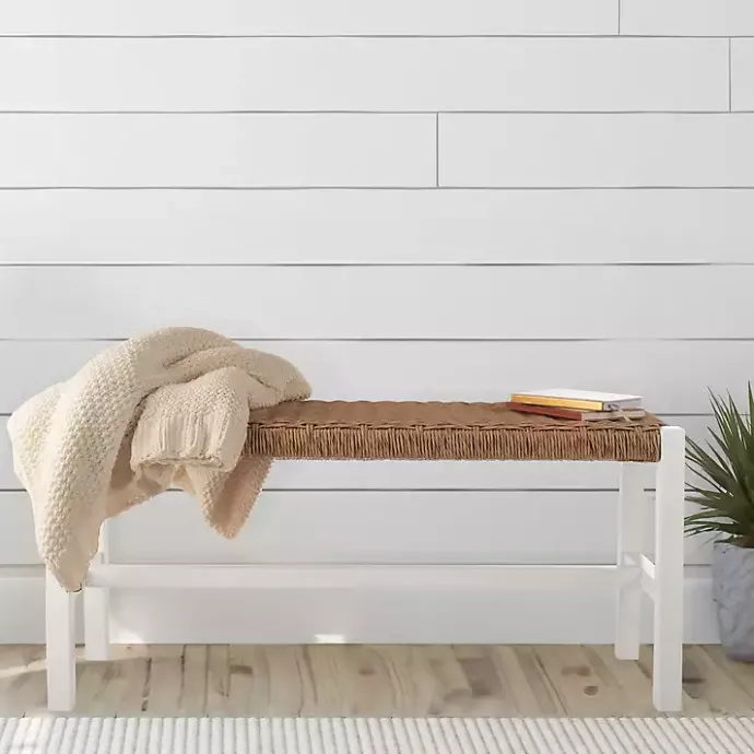 Sale Kirklands Home White Newport Wood and Rattan Bench Brown