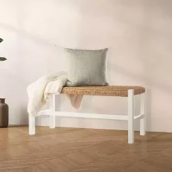 Sale Kirklands Home White Newport Wood and Rattan Bench Brown