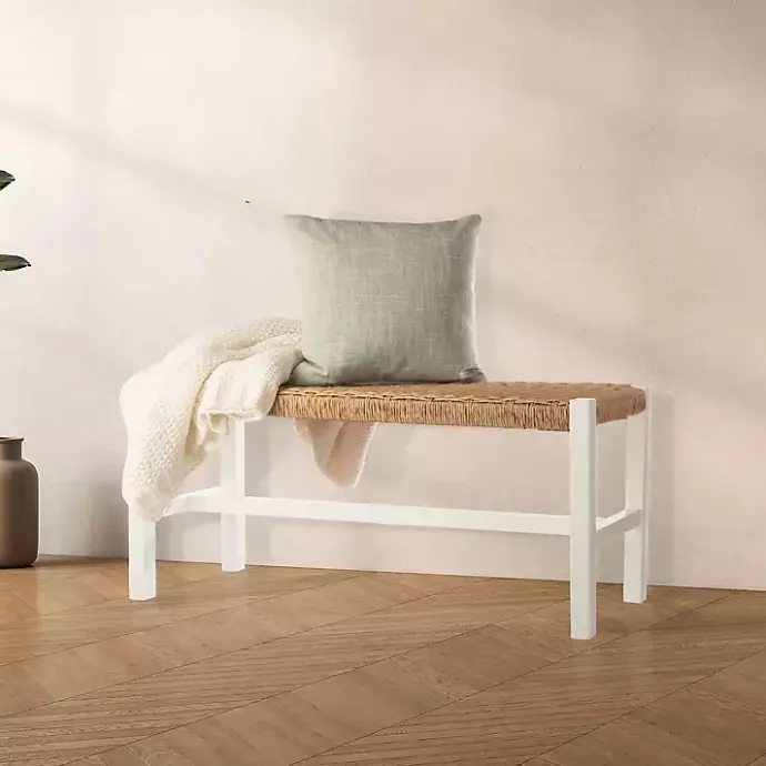 Sale Kirklands Home White Newport Wood and Rattan Bench Brown