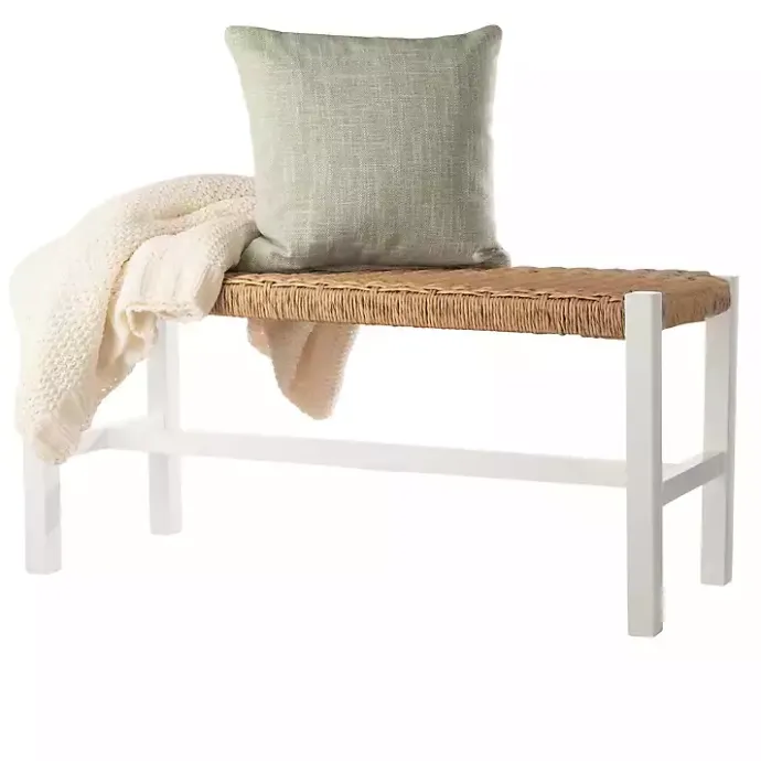 Sale Kirklands Home White Newport Wood and Rattan Bench Brown