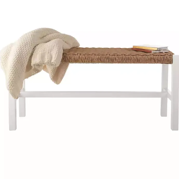 Sale Kirklands Home White Newport Wood and Rattan Bench Brown
