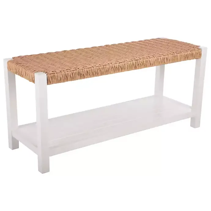 Online Kirklands Home White Newport Wood and Rattan Bench with Shelf Brown