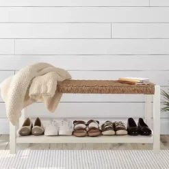 Online Kirklands Home White Newport Wood and Rattan Bench with Shelf Brown