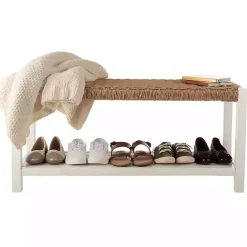 Online Kirklands Home White Newport Wood and Rattan Bench with Shelf Brown