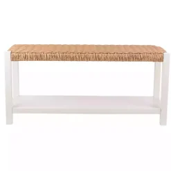 Online Kirklands Home White Newport Wood and Rattan Bench with Shelf Brown