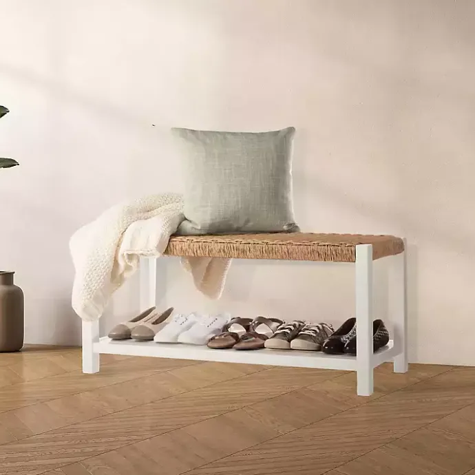 Online Kirklands Home White Newport Wood and Rattan Bench with Shelf Brown