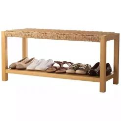 Online Kirklands Home White Newport Wood and Rattan Bench with Shelf Brown