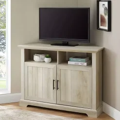 Sale Kirklands Home White Oak Grooved Door Corner TV Stand Ivory